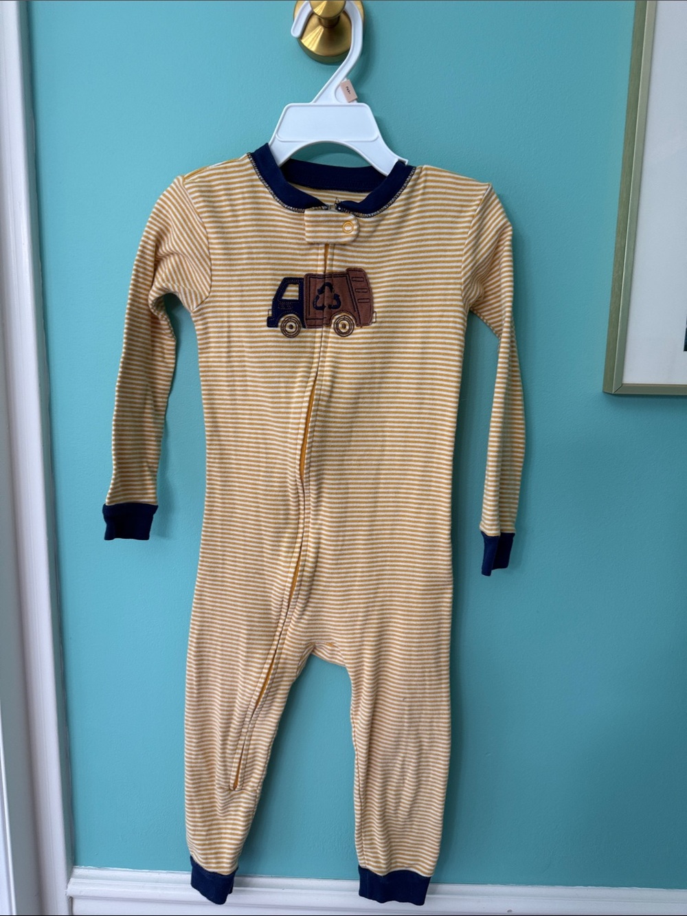 Carter's Yellow Striped One-Piece Jammies with Navy Trim and Truck Applique 2T